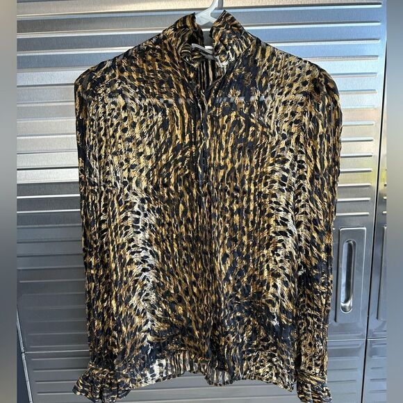 Adrianna Papell Animal Print Silk Ruffle Blouse 6 - Picture 1 of 7